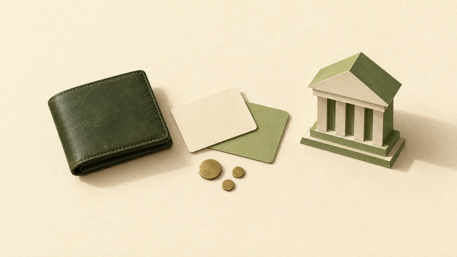 Editorial illustration of a green wallet, blank payment cards and a paper bank building.