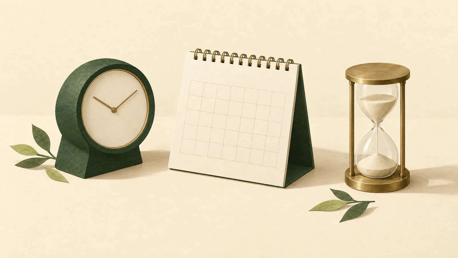 Editorial illustration of a green desk clock, a blank calendar and a brass hourglass.