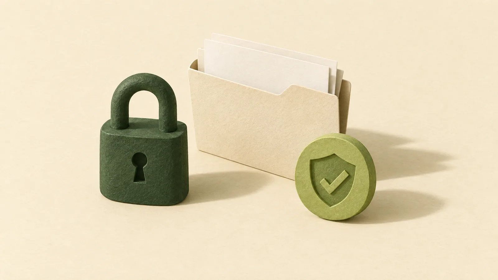 Editorial illustration of a green padlock, a document folder and a shield with a checkmark.